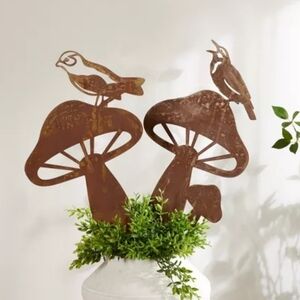 Melrose Inter Metal Rustic Rusty Garden‎ Stakes Birds Mushrooms Set Of 2 New